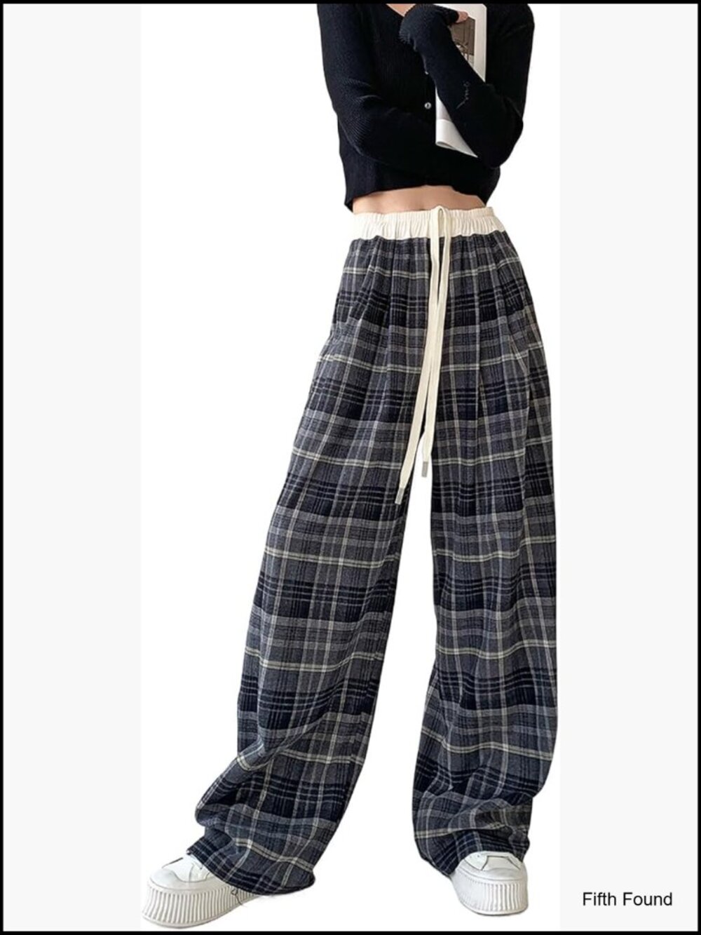 Women's Black Plaid Wide-Leg Trousers